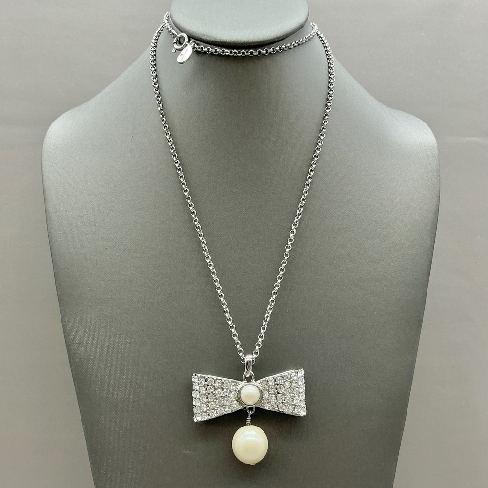 Ann Taylor Bow Pendant Necklace Womens Silver Tone Faux Pearl Rhinestone Pave